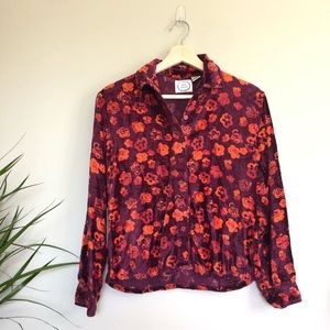 Vintage velour floral button down shirt blouse